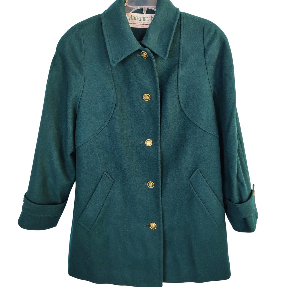 Mackintosh New England Vintage Wool Car Coat Teal Green Gold Crest Buttons Sz 12